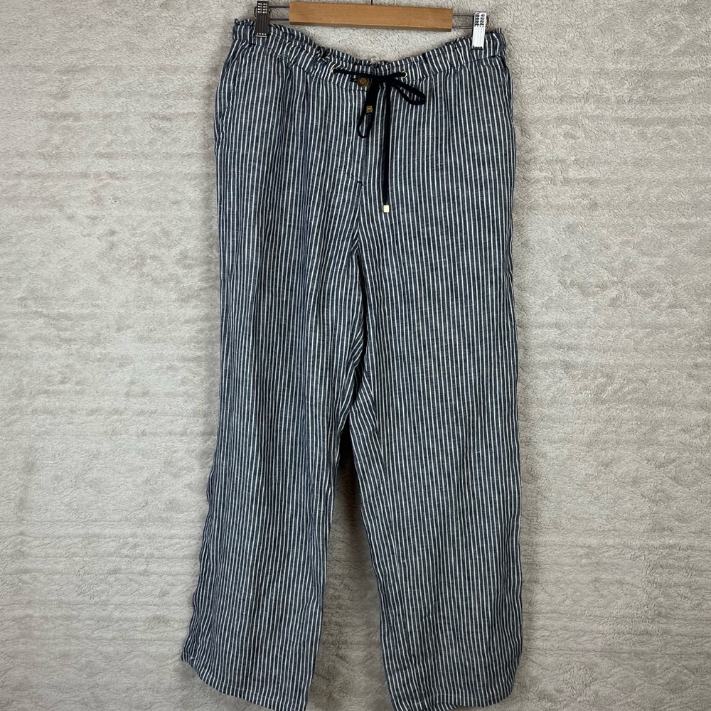 ☀️ 100% Linen Pull-on Pants Wide Leg Elastic Waist Pants Blue White Size 10